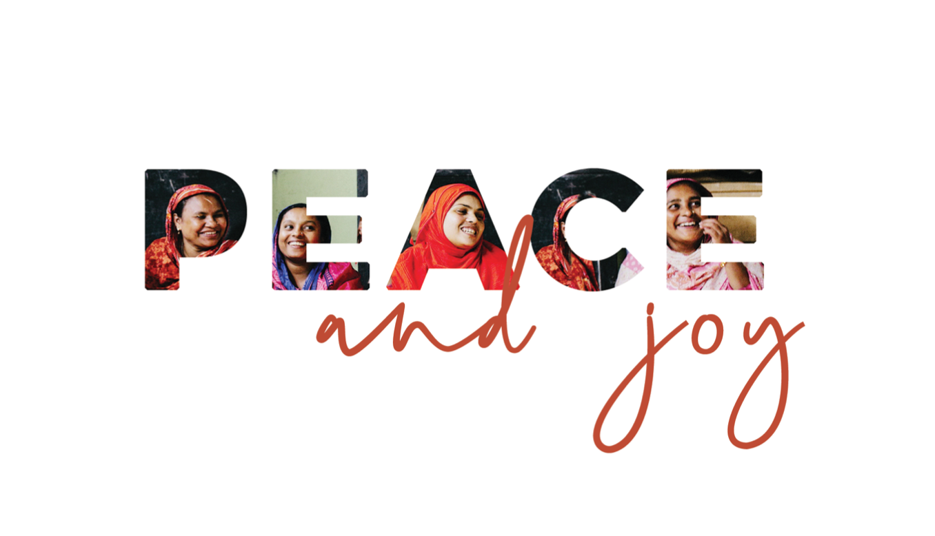 Peace in bubble letters with a photo of women behind it, 'and joy' written in red script font below.